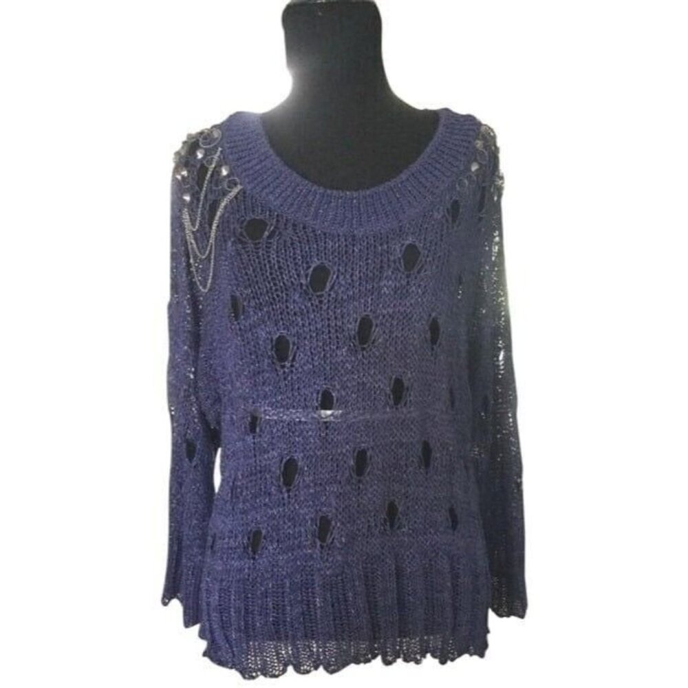 Roberto Cavalli VTG Sweater Designer Open Knit Embellished Sweater Navy Sz M NEW